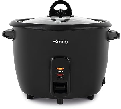 H.Koenig Olla arrocera ORYZA4 0,8L, Recipiente antiadherente apto para lavavajillas, Mantener caliente, Auto Apagado, Sin BPA, Tapa transparente, Cesto de vapor/vaso medidor/cuchara incluidos, 350W