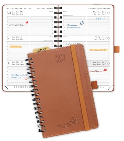POPRUN Taschenkalender 2025 Klein (Aug.2024-Dez.2025) Ringbuch mit Softcover, ca. A6 (16 x 10,5 cm), Kalender 2025 Klein - Terminplaner 1 Woche 2 Seite mit Plastiklineal - Braun
