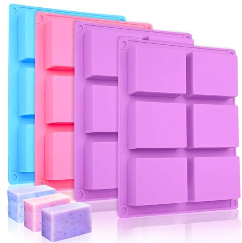 TRURIN 4 Pieces Soap Moulds Silicone, Soap Moulds for Soap Making, 6-Cavity Rectangle Silicone Molds, Homemade Craft Soap Mold, Suitable for DIY Ice Cubes, Chocolate, Biscuit (Purple, Pink, Blue)