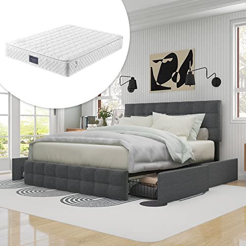 Boxspringbett 140x200cm Grau - 4 Schubladen, Verstellbares Kopfteil, 7-Zonen Taschenfederkern-Matratze