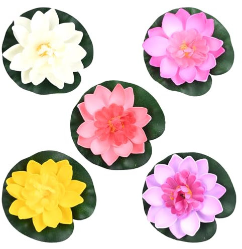 Flores de Nenúfar Artificiales Flotantes - Conjunto de 5 Plantas Acuáticas para Estanque, Acuario y Jardín - Decoración de Estanque para Exteriores - Nenúfares Realistas para Piscina y Terraza