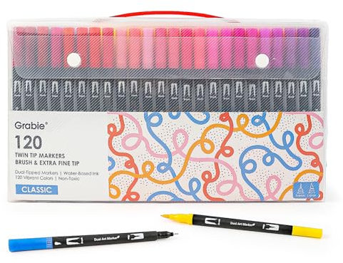 Grabie 120 Colors Brush & Extra Fine Twin Tip Sketch Markers, Art Supplies