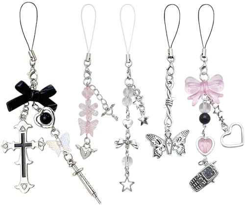 DKDDSSS Lot de 5 Pendentifs Y2K pour Téléphone Portable, Attache Cordon Téléphone Portable Chaîne, Bijoux de Telephone, Porte-Clés, Cordon Telephone Portable Bijoux