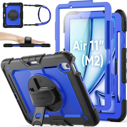 SEYMAC stock Funda para iPad Air 11 Pulgadas M3/M2 2025/2024, Funda para iPad Air 7/6 con Protector de Pantalla/Portalápiz/Correa de Mano giratoria 360/Soporte/Bandolera, Azul
