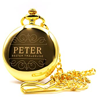 AURUM Taschenuhr mit Gravur Farbe Gold aus Edelstahl mit Kette - Unisex Accessoire - Weißes Zifferblatt - Komplettes Set