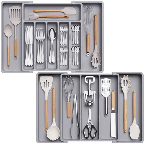 Lifewit Besteckkasten für Schubladen Set, Erweiterbarer Großer Besteckkasten für Küche, Verstellbarer Besteckeinsatz für Schubladen, Kunststoff Küchenutensilien Organizer für Backen/Besteck, Grau