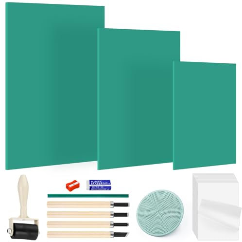 Sheryl&Rain Unidades Juego de Placas de Linóleo, Linoleo A4 A5 A6 Goma Grabado con Papel Laminado, Verde Tallado de Linóleo Tableros para Sellos, Artesanía y Proyectos de Impresión (27 Piezas)