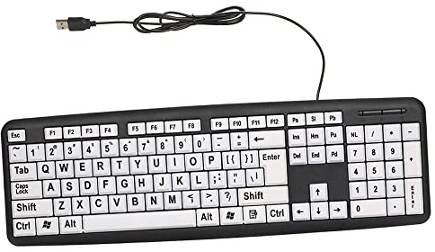 SIXRUN Large Print Computer Keyboard with LED White Keys Black Letters for Old Men Comfort Keyboard for Seniors