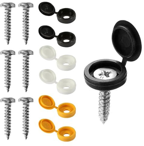 48 Pcs Number Plate Screws and Caps Fitting Kit, Number Plate Oversized Screws Plastic Top,White Yellow & Black Caps