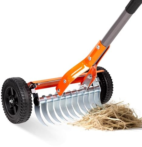 Walensee Rastrillo de rodillo con mango ajustable de 76.8 pulgadas, cuchillas de acero inoxidable de 2 mm, removedor de paja de césped resistente para musgo, recortes de césped, hojas y escombros
