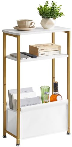 Aibiju Table d’Appoint étroite, Table de Chevet Fine avec Panier de Rangement en Tissu, Bout de Canapé pour Petit Espace, 40 x 20 x 66 cm pour Salon, Chambre, Bureau, Blanche YD-ST002J
