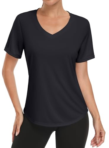 Charmo Sportshirt Damen Kurzarm UPF 50+ Sport Tshirt Fitness V-Ausschnitt Sporttop Leichtes Atmungsaktiv Funktionsshirt Sport Oberteile für Gym Yoga