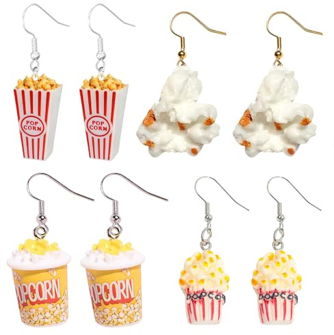 RAOPNHS 4 Paar Popcorn Ohrringe, Lustige Ohrringe im Miniatur Snack Design, Kreative Ohrhänger für Damen, Mädchen, Party, Kinoabend, Karneval, Geschenkidee, Lustige Accessoires