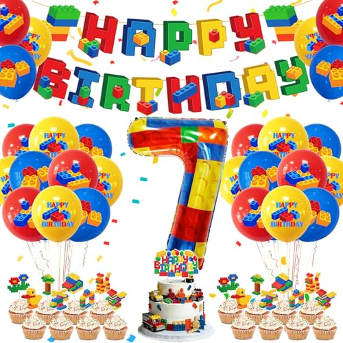 Baustein Geburtstag Deko 7 Jahre Junge Set, Geburtstagsdeko Junge | Mit Zahlenluftballon 7, Folienballon, 15 Luftballons, Happy Birthday Banner und Tortendeko für Jungen Geburtstag Party