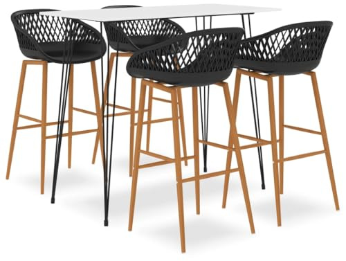 Kaloriko Ensemble de bar 5 pièces avec table de bar blanche en MDF et métal, 120 x 60 x 105 cm, 4 tabourets de bar noirs en polypropylène robuste avec dos en maille et pieds aspect bois pour jardin