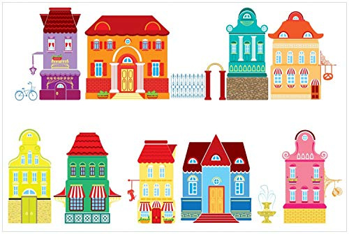 Wallario Glasbild Bunte Häuser in Einer Stadt - Comic Stil - 60 x 90 cm Wandbilder Glas in Premium-Qualität: Brillante Farben, freischwebende Optik