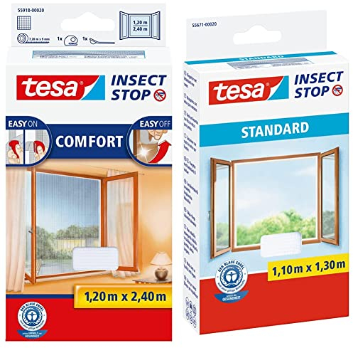 tesa Insect Stop COMFORT Fliegengitter für bodentiefe Fenster - weiß (leichter sichtschutz), 120 cm x 240 cm & Insect Stop STANDARD Fliegengitter für Fenster - 1 x Fliegen Netz weiß - 110 cm x 130 cm