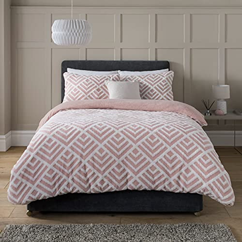 Sleepdown Geo Jacquard Fleece Duvet Cover Thermal Waem Cosy Super Soft Blush Pink Bedding Set with Pillowcase King Size (220cm x 230cm)