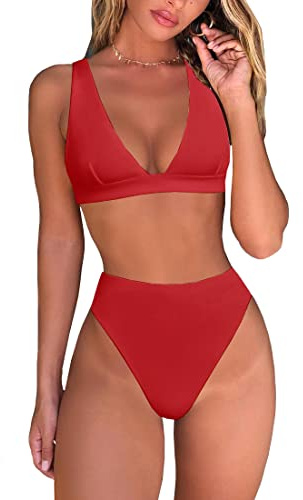 fatty tiger Maillot de bain 2 pièces sexy taille haute avec string et haut triangle brésilien et col en V profond pour femme, Rouge, Taille XL