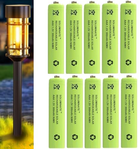 Soluminate Solar Light Batteries Size AAA (300mAh) 1.2V Rechargeable NiMH Green for outdoor garden solar lights (10-Pack)