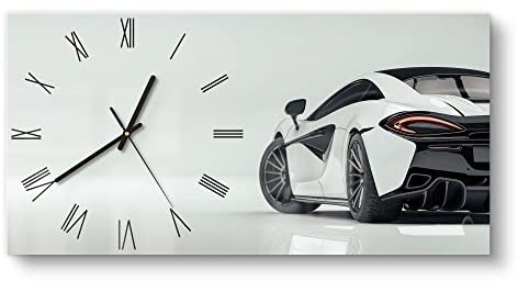 DEQORI Glasuhr | vertikal 60x30 cm | Motiv Sportliches Auto | große XXL Design Uhr aus Glas | leise Wanduhr für Wohnzimmer & Küche | moderne Hingucker Uhr für die Wand