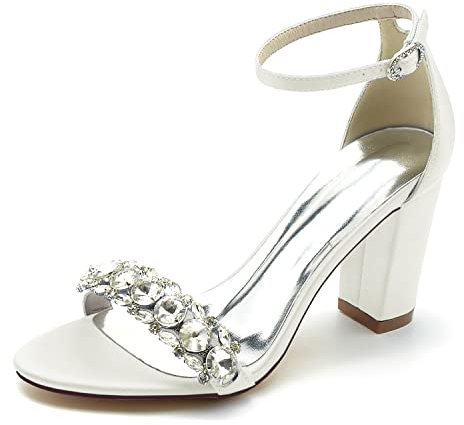 Décolleté con Tacco da Donna per Scarpe da Sposa a pianta Larga per la Sposa Scarpe da Damigella d'Onore Punta Aperta Punta Tonda Décolleté Scarpe da Festa,Avorio,40 EU