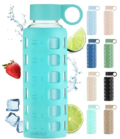 purifyou Premium Glass Water Bottles 16/32/22/12 oz with Volume and Drinking Time, Silicone Sleeve and Stainless Steel Lid Insert, Reusable Bottle