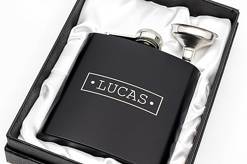 Engraved Hip Flask Gift Set, 6oz, Black/Silver, Personalized Design Options, Funnel Included (Metal Plate Outline, 6oz Black)