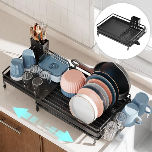 iSPECLE Expandable Dish Drying Rack - Large Dish Drainer with Drain Spout, Metal Expansion Layer, Multifunctional Dish Rack with Pan Slot, Cutlery, Cup Holder for Kitchen Worktop, 62 x 32 cm, Black