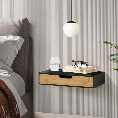 [en.casa] Étagère Murale avec Tiroir Table de Chevet Flottante Table de Nuit Table d'Appoint pour Chambre Salon Entrée Cuisine Bambou 40 x 24 x 8 cm Noir