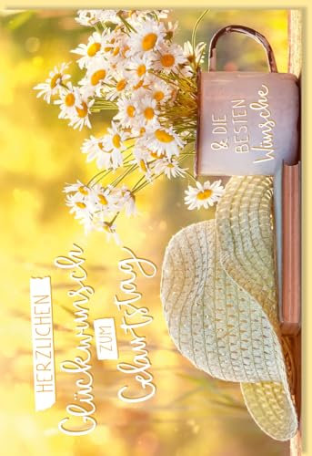 Skorpion Sommerliche Geburtstagskarte für Frauen & Senioren - Blumen, Tasse & Sonnenhut Motiv im Kamille Design - Gelbe Natur Freundschaft Glückwunsch - mit Umschlag