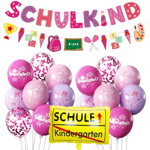SCHULKIND Deko Einschulung Mädchen, Einschulung Schuleinführung Schulanfang Deko Set, Girlande Schulanfang + Zuckertüten Banner + 16 Rosa Luftballon mit ABC 123 Schultüte Motiv Konfetti Folienballon
