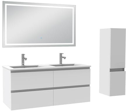 AICA Ensemble Meuble Salle de Bain 120cm Double Vasque avec Colonne et Miroir 3 Couleurs Blanc