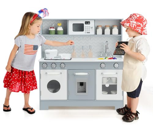 HOMASIS Kinderküche Holz, Kinder Spielküche mit Licht & Sound, Kinderspielküche mit Spüle Herd Backofen Mikrowelle Telefon, Spielzeugküche inkl. Zubehör, Küchenspielset für Kinder ab 3 Jahre, Grau