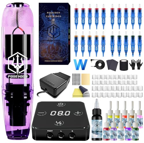 POSEIDON Tattoo Gun Kit, Rotary Tattoo Pen Kit with 20 PCS Cartridge Needles, Professional Tattoo Machine Kit with Power Supply, 11 Color Inks with Foot Pedal Tattoo Kit for Artists