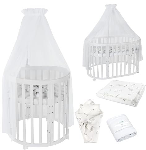 Waldin Oval Baby-Bett Mitwachsend Komplett Set 7in1, Gitterbett, Kinderbett mit Matratze, Wickelkommode, Beistellbett, Holz Weiß, Stoffe Weiß Zweige