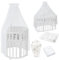 Waldin Oval Baby-Bett Mitwachsend Komplett Set 7in1, Gitterbett, Kinderbett mit Matratze, Wickelkommode, Beistellbett, Holz Weiß, Stoffe Weiß Zweige