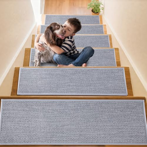 YISUN Leinenimitat Treppenstufen Matten 15pcs, Abnehmbar und Waschbar Stufenmatten Selbstklebend Rückseite 65x20 cm, Stumm Antirutsch Treppenteppich für Treppe, Küche, Schlafzimmer, Badezimmer