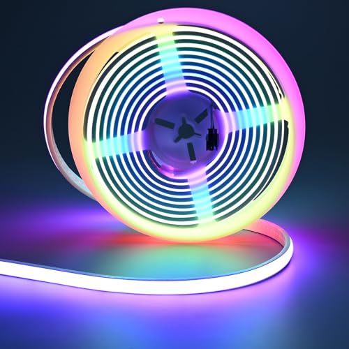FOSUO 24V RGB+IC COB LED Streifen 5M IP67 Wasserdicht 16W/M 576LEDs/M | 12mm Selbstklebend Schneidbar Mehrfarbig mit Farbwechsel Effekten für Innen Außen DIY Deko (ohne Adapter und Controller)