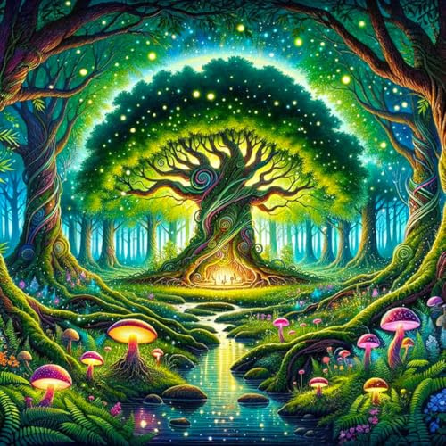 OkarinaArt Diamond Painting Erwachsene – Baum des Lebens, 35 x 35 cm | DIY 5D Diamant Painting für Anfänger, Diamant Malerei Set, Runde Diamanten, Grüner Wald Wanddekoration, Geschenkidee