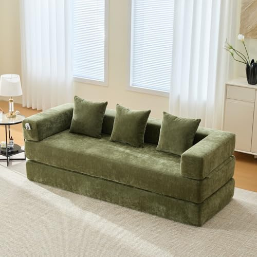 EURHCIO Canapé 2 Places en Chenille,Canapé Lit Convertible Multifonctionnel Moderne,Poches Latérales et 3 Coussins,DIY Libre,pour Salon,Chambre,Bureau (Vert-S)