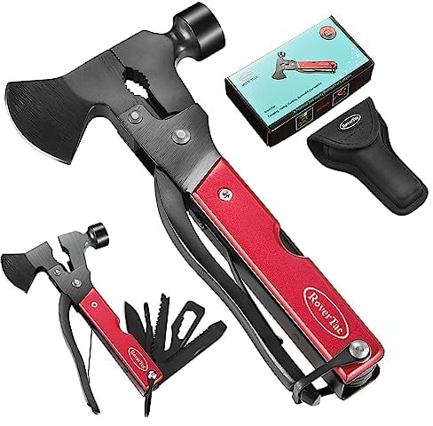 RoverTac Camping Essentials, Multi Strumento Ascia Ascia Attrezzatura da campeggio, 14-in-1 Multitool Coltello Martello Pinze Sega Bottiglia Apriscatole Cacciavite, Regali per uomini Lui Papà