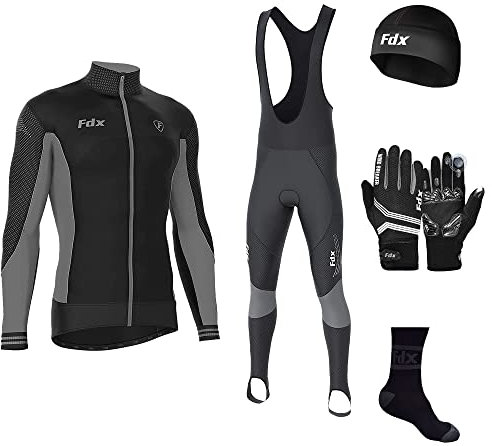 FDX Men's Winter Cycling Suit with Gloves, Cap, Socks - Italian Thermal Roubaix Windproof Thermodream Cycle Clothing Set - Long Sleeve Jersey, 3D Padded Bib Tight for Bicycle Outdoor Riding(Grey-3XL)