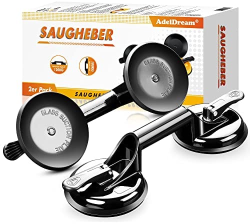 AdelDream Saugheber Glassauger 2 Stück Saugnapf Fliesen Vakuumheber Fliesen 120kg Tragkraft Für den Transport von Fliesen Laminat Scheiben und Glas als Glasheber gelb 32.5cm x 12cm x 7cm Schwarz