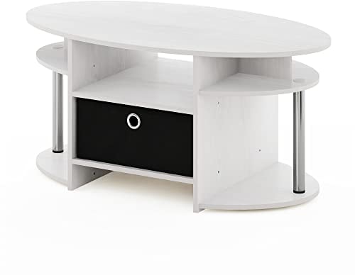 Furinno JAYA Simple Design Oval Coffee Table with Bin, White Oak, Stainless Steel Tubes