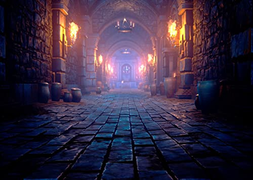 BELECO 2.1x1.5m Fabric Scary Medieval Catacombs Photography Backdrop Endless Dungeon with Torches Ancient Castle Dragon Cave Mysterious Nightmare Halloween Background Horror Party Supplies Photo