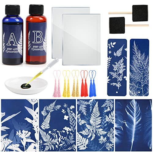 Csyidio Cyanotype Kit Includ 2 Component Sensitizer Set, 40 Sheets A5 Paper Brush Tools and Instructions Sun Print Nature Printing Kit for Photographic Blueprints DIY Arts Crafts Projects