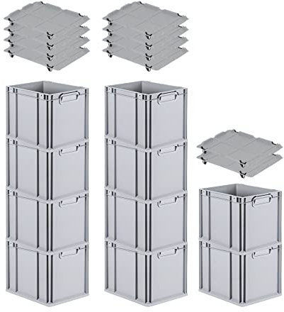 PROREGAL SparSet 10x Eurobox NextGen Grip mit Auflagedeckel & 4 schwarzen Schiebeschnappverschlüssen, HxBxT 32x30x40cm, 30 L, Grau, Griffe geschlossen, Eurobehälter, Transportbox