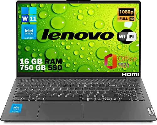 Lenovo, Pc portatile notebook pronto all'uso, Display FHD da 15,6, cpu N4500, ram 16Gb, ssd m2 750Gb, windows 11 pro, computer portatile Office 2021 MOUSE