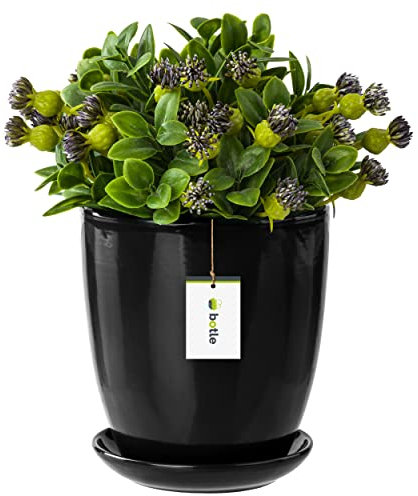 botle Blumentopf Blumenübertopf Schwarz Blumenschale mit Untersetzer Rund BxH 130 mm x 140 mm Oberfläche Glanz Keramik Modern Glamour